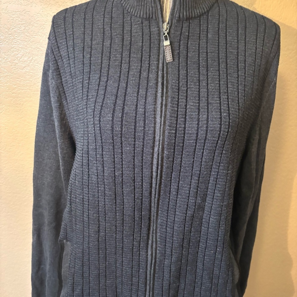 Tasso Elba Zip-Up Sweater XL Charcoal Grey Ribbed Full Zip Knit Cardigan Cotton - Picture 3 of 16
